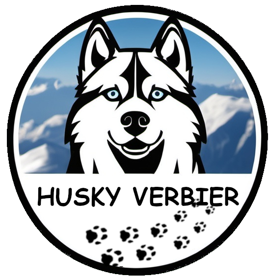 Le logo de Husky Verbier avec un chien de traîneau dessus et les montagnes valaisannes